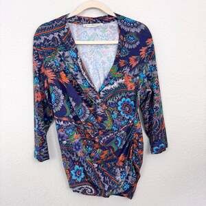 Peruvian Connection Womens Surplice Top Size L Floral Pima Cotton Stretch Purple